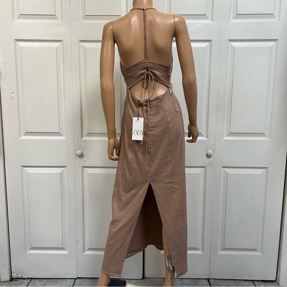 Zara Linen Blend Open Back Halter Tan Sleeveless Dress Size L  New - Picture 11 of 13